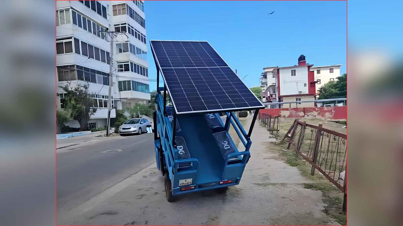 A solar panel mounted on an electric tricycle in Havana shows how small-scale solar setups help extend battery life.
