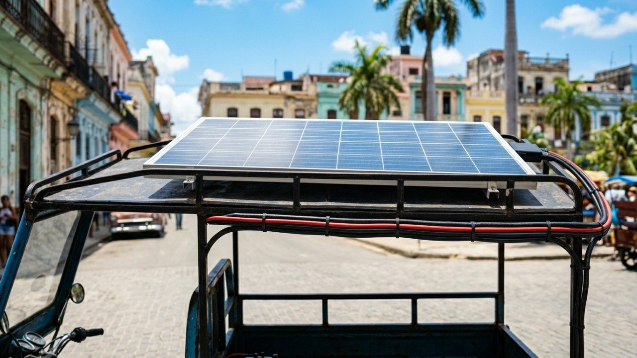 Diante da grave crise energética em Cuba, um jovem empreendedor desenvolveu painéis solares artesanais para abastecer triciclos elétricos em Havana e garantir o sustento de trabalhadores locais. – Imagem gerada por IA