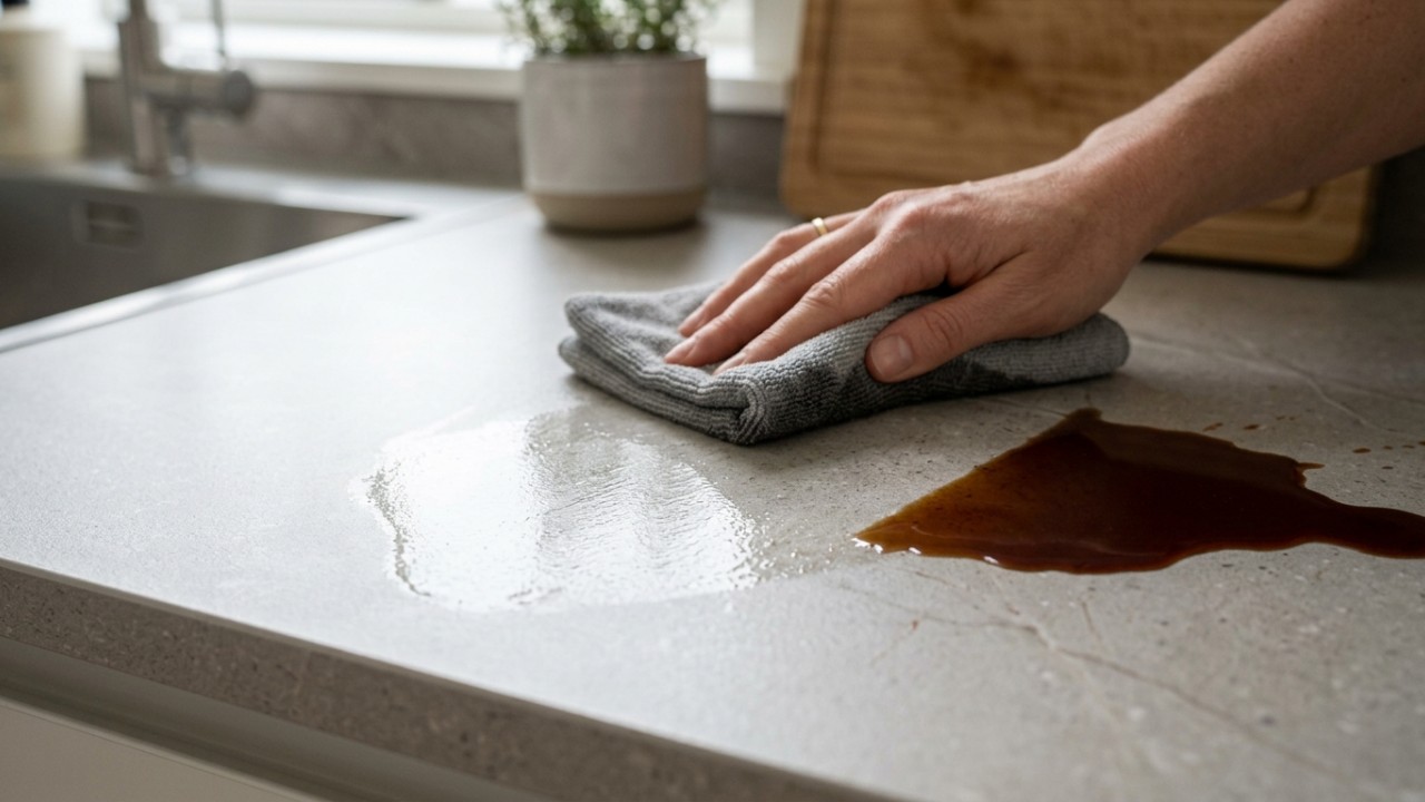 Balcão de cozinha de mármore está fora de linha: a nova opção mais leve, fácil de limpar e que não mancha com o uso A pedra sinterizada é a escolha recomendada por ser ultra resistente e fácil de limpar. – Imagem gerada por IA