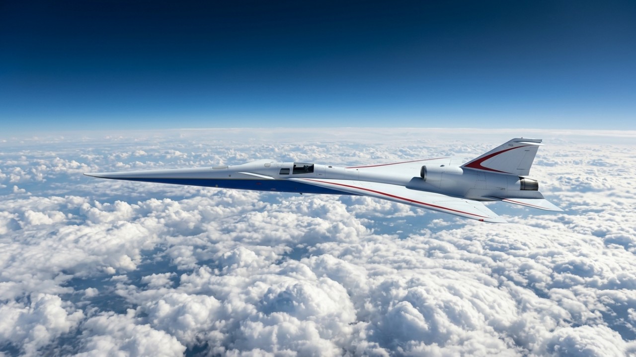 O design aerodinâmico inovador do X-59 reduz o tradicional estrondo supersônico a um ruído semelhante ao de uma porta de carro se fechando. – Imagem gerada por IA