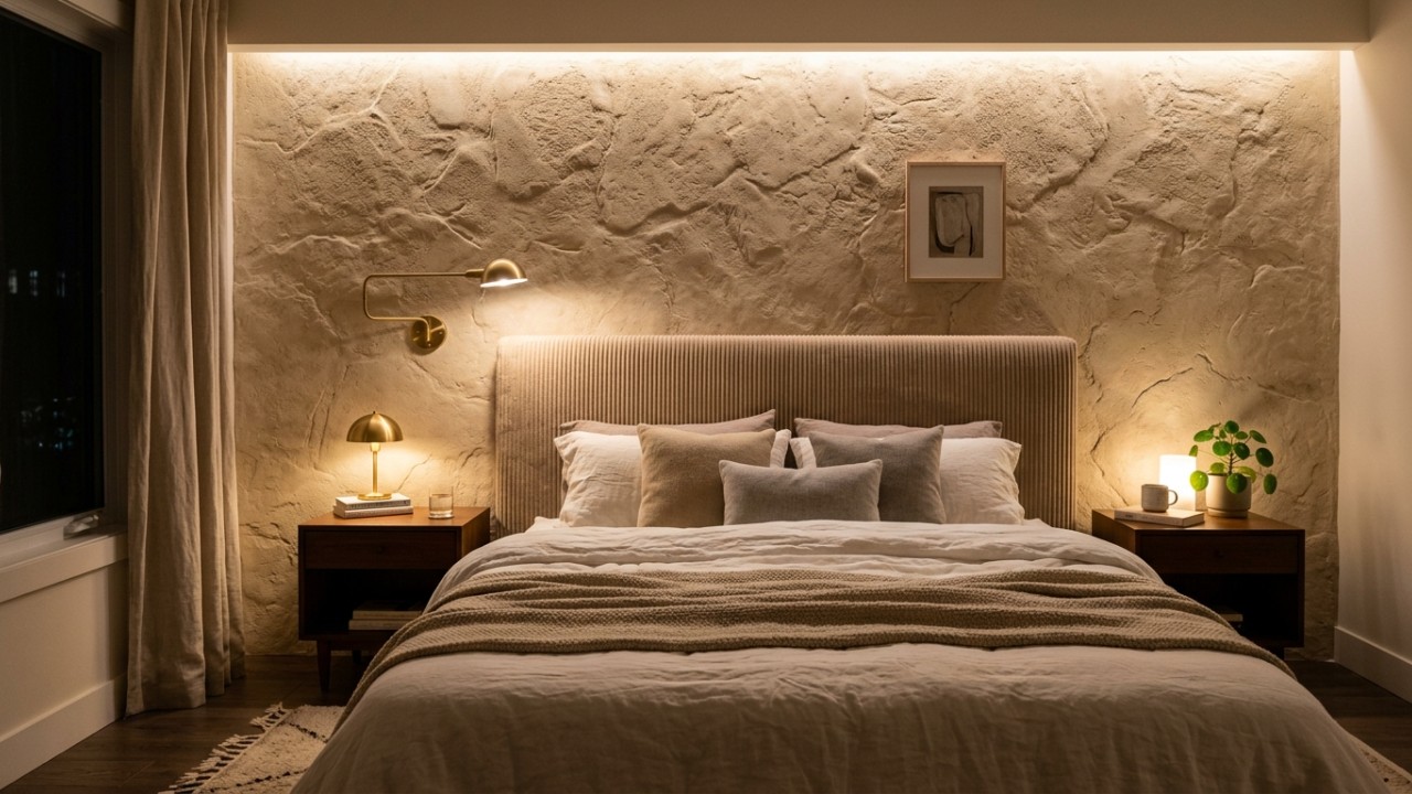 A combinação de elementos naturais e iluminação suave transforma o quarto em um refúgio de tranquilidade e conforto. – Imagem gerada por IA
