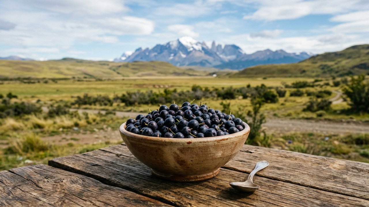 O calafate é uma pequena baga silvestre da Patagônia que está conquistando espaço nas feiras orgânicas por sua riqueza nutricional e sabor marcante. – Imagem gerada por IA
