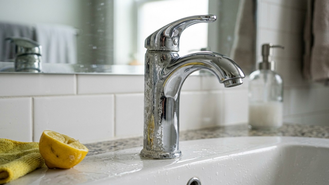 A casca de limão dissolve o calcário de forma natural e devolve o brilho imediato aos metais cromados da casa. – Imagem gerada por IA
