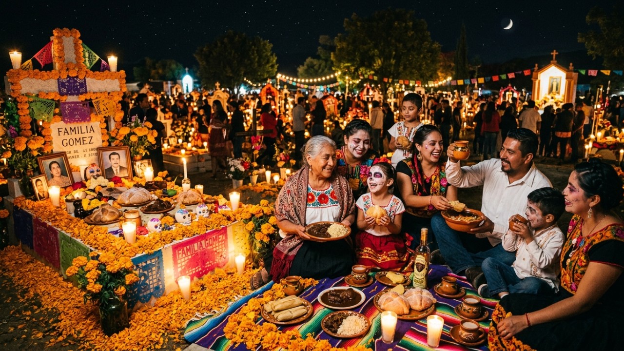 O Día de los Muertos celebra a identidade cultural mexicana através de uma festividade alegre que afasta a tristeza do luto. – Imagem gerada por IA