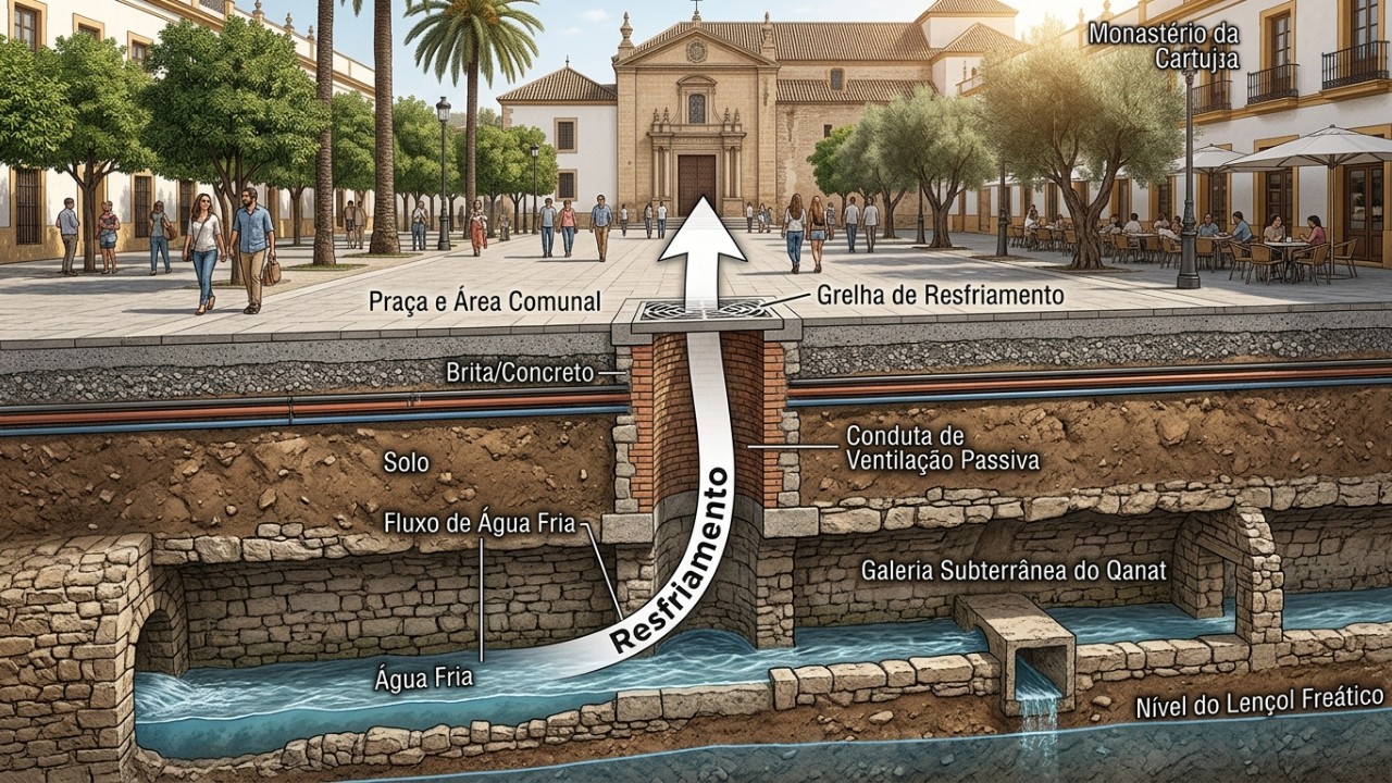 Soluções urbanas sustentáveis transformam o microclima de Sevilha através do projeto Cartuja Qanat. – Imagem gerada por IA