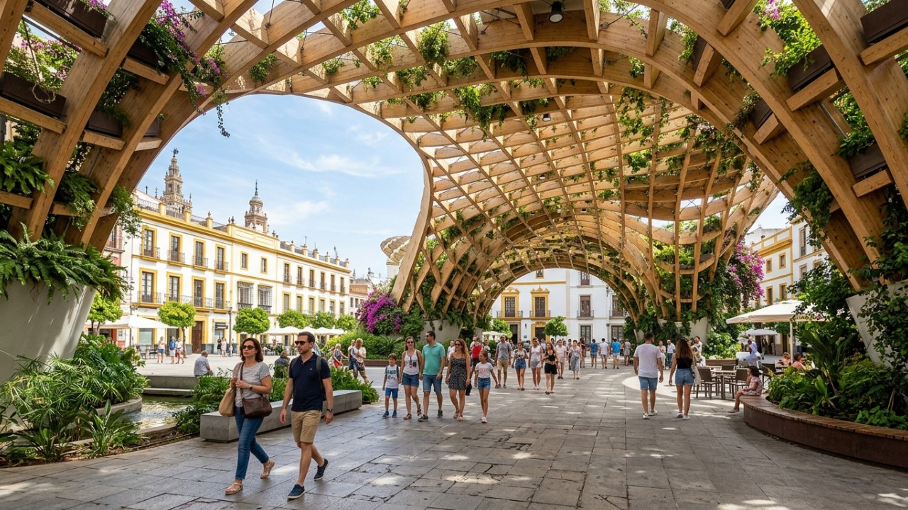 O sistema Cartuja Qanat implementa estratégias de resfriamento natural para enfrentar as altas temperaturas urbanas. – Imagem gerada por IA