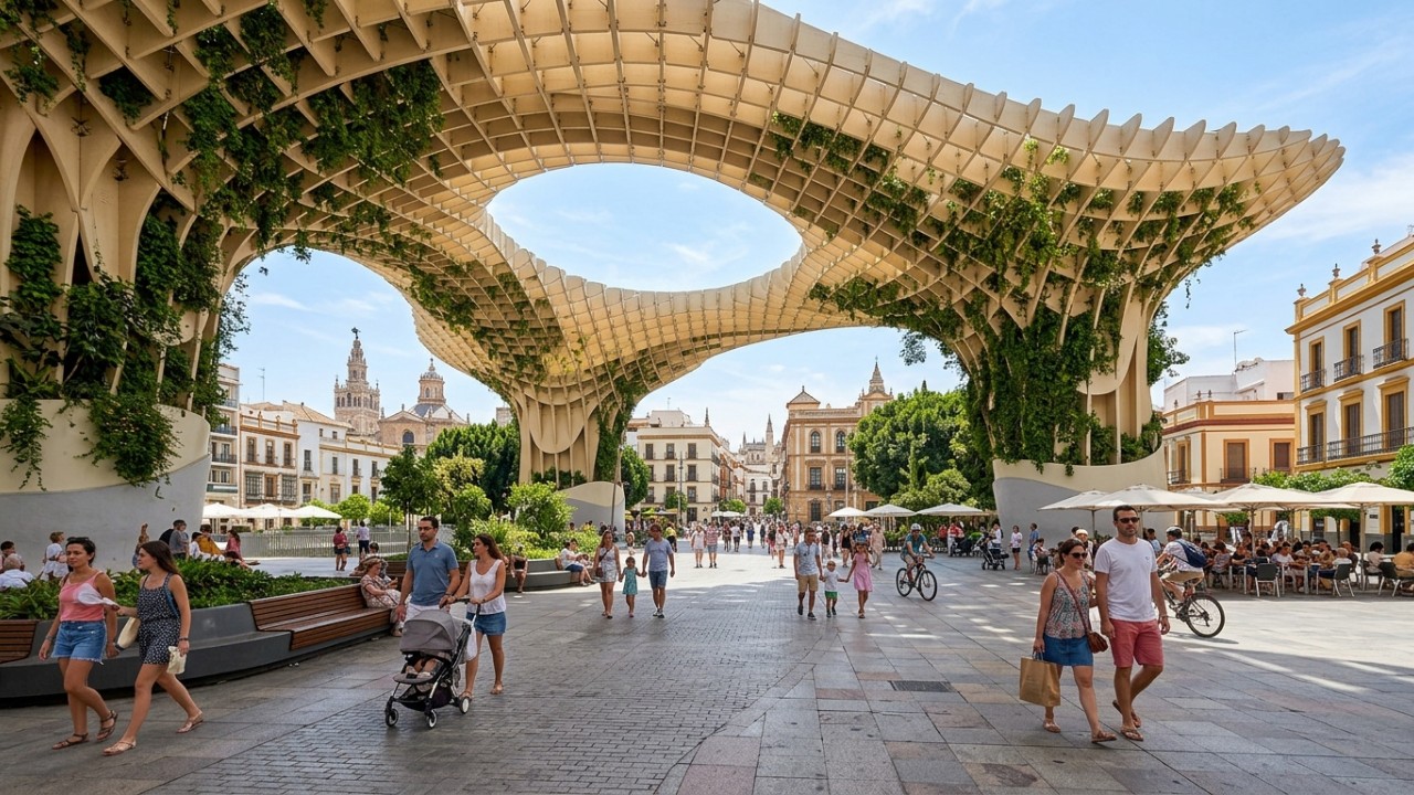 A iniciativa Cartuja Qanat utiliza canais subterrâneos para amenizar o calor em Sevilha. – Imagem gerada por IA