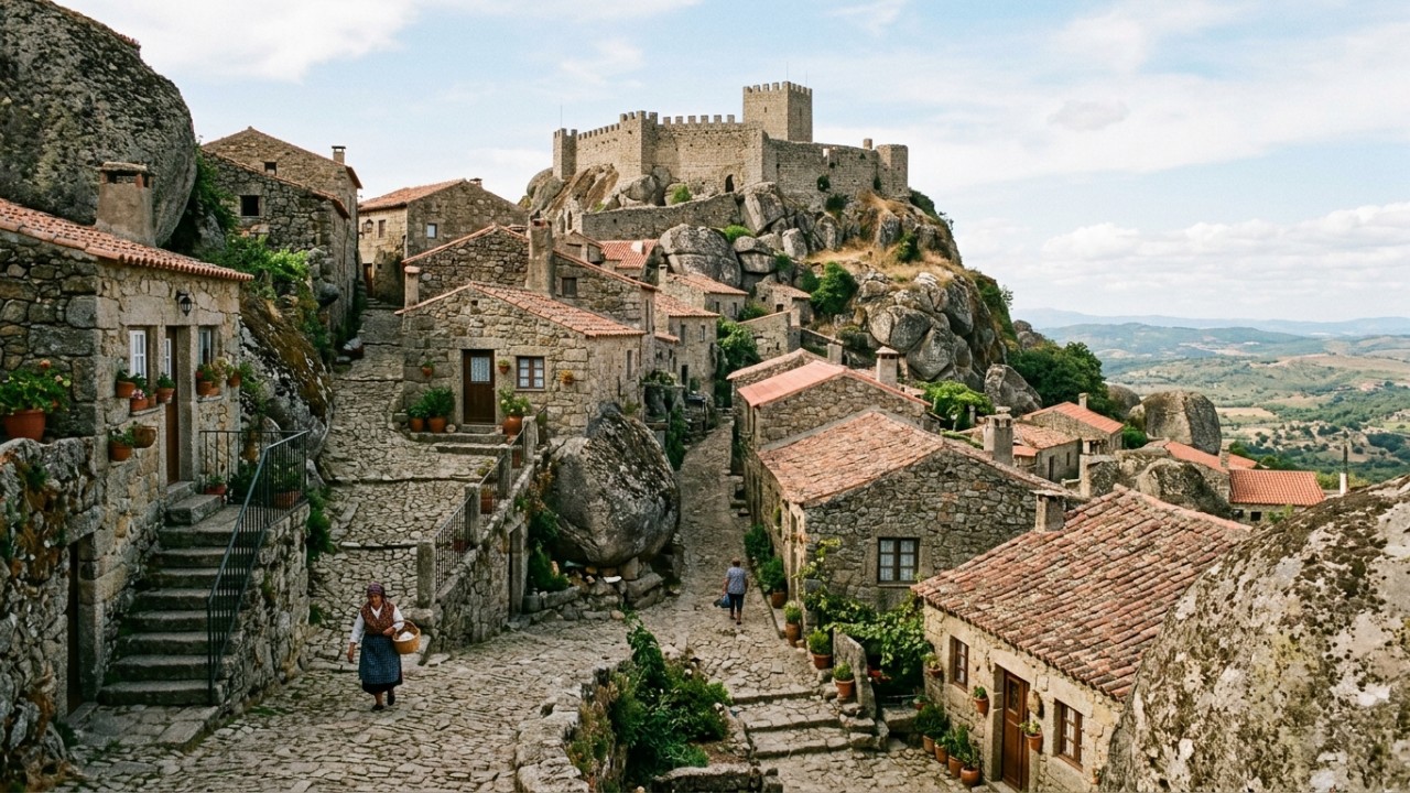 A mística aldeia de Monsanto se destaca por sua arquitetura medieval integrada perfeitamente aos penedos gigantes de granito. – Imagem gerada por IA