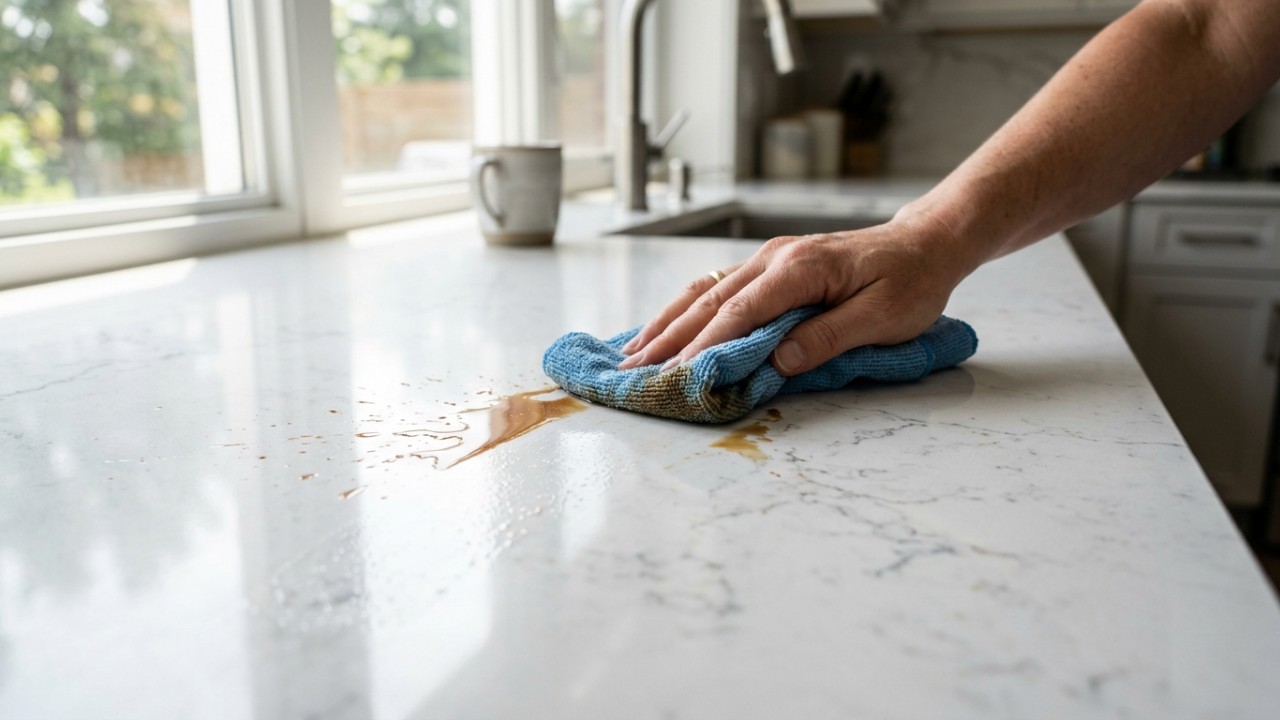 Bancadas modernas de quartzo substituem o granito tradicional ao unir altíssima resistência a manchas e sofisticação visual. – Imagem gerada por IA