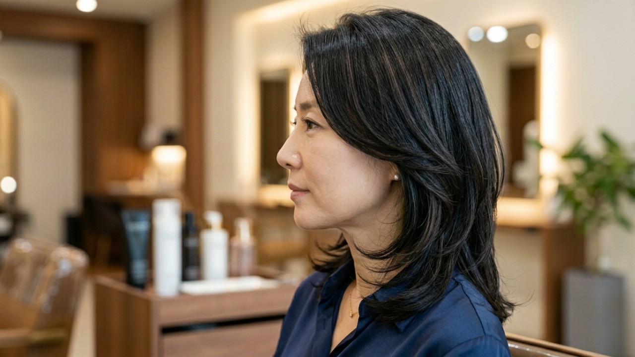Quais são os dois cortes de cabelo que as coreanas recomendam para suavizar o rosto depois dos 40 anos? A combinação de camadas e franja cortina emoldura o rosto de forma elegante e prática. – Imagem gerada por IA