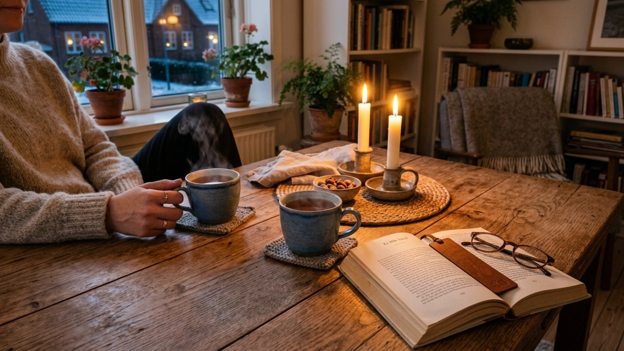Adotar a filosofia do hygge permite recriar uma atmosfera acolhedora e encontrar a tranquilidade nos pequenos prazeres cotidianos. – Imagem gerada por IA