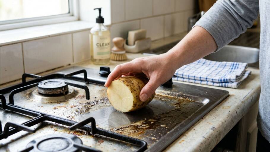 Você precisará de apenas uma batata para remover a gordura da cozinha, este truque é pouco conhecido, mas ajuda na limpeza O atrito natural da batata auxilia na limpeza de superfícies lisas