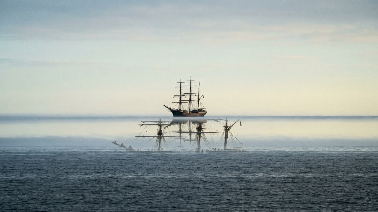 Inversão térmica no ar projeta imagens de navios acima do horizonte.