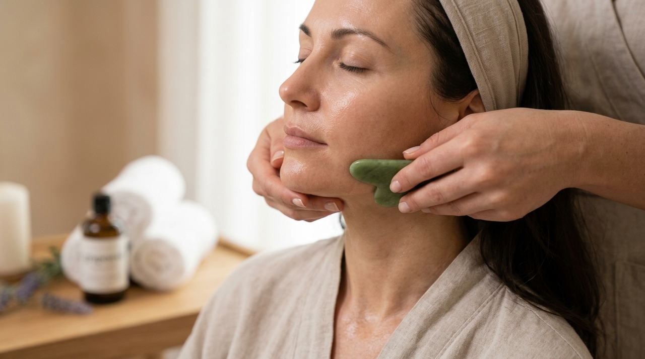 O segredo da massagem facial com Gua Sha e óleo de semente de uva para reduzir o inchaço, diminuir as bolsas nos olhos e acordar com aparência descansada A técnica estimula a drenagem linfática, favorecendo a circulação dos líquidos acumulados durante a noite