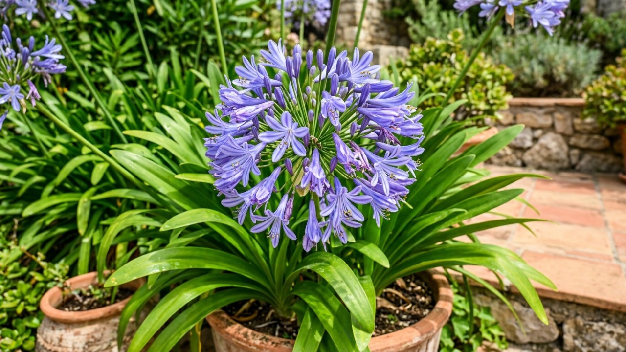 A planta africana mais resistente para cultivar no pátio: como cuidar e fazer florescer As touceiras densas de agapanto garantem uma estrutura marcante e sofisticada no paisagismo. – Imagem gerada por IA