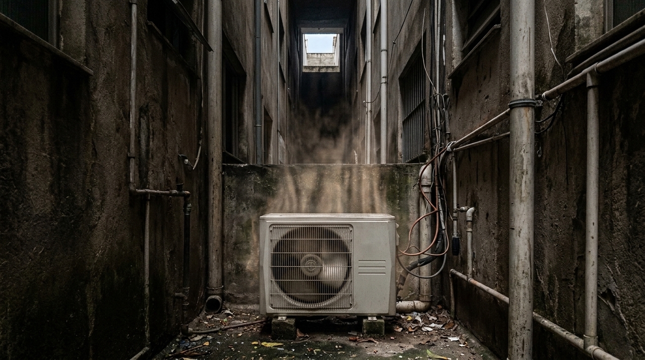 Pablo Espiñeira, técnico de ar condicionado: “Uma unidade externa de ar condicionado nunca deve ser instalada na parte mais baixa de um poço de luz.” No modo de refrigeração, o sistema transporta para fora o calor retirado do ambiente interno.