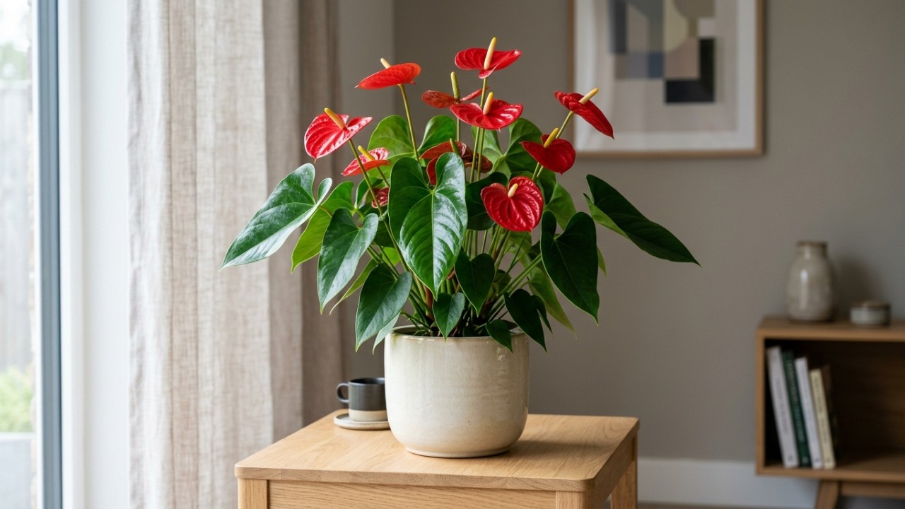 Com resistência e elegância, o antúrio traz o toque tropical ideal para decorar ambientes internos com praticidade. – Imagem gerada por IA