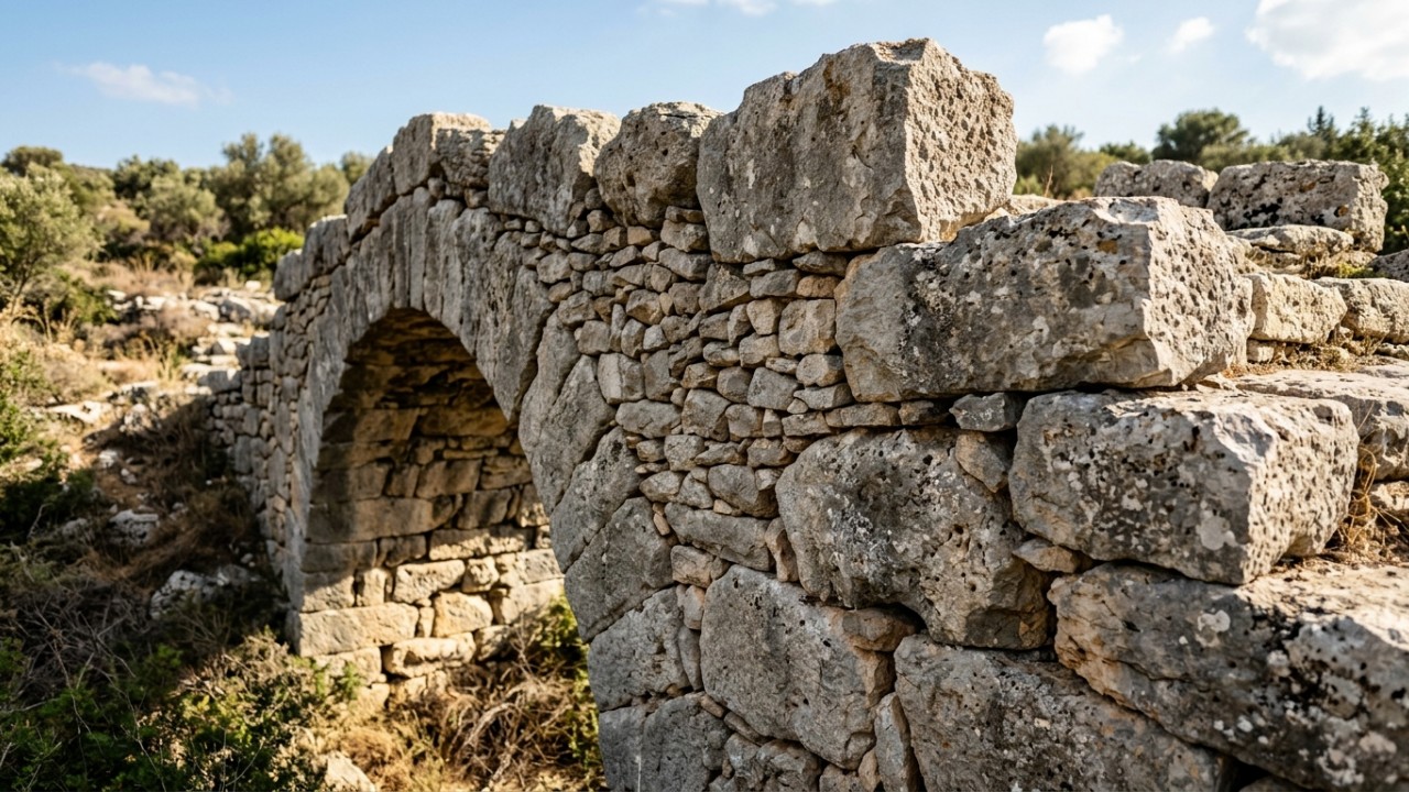 A Ponte Arkadiko na Grécia foi construída por volta de 1300 a.C. e é considerada a ponte mais antiga do mundo ainda em funcionamento. – Imagem gerada por IA