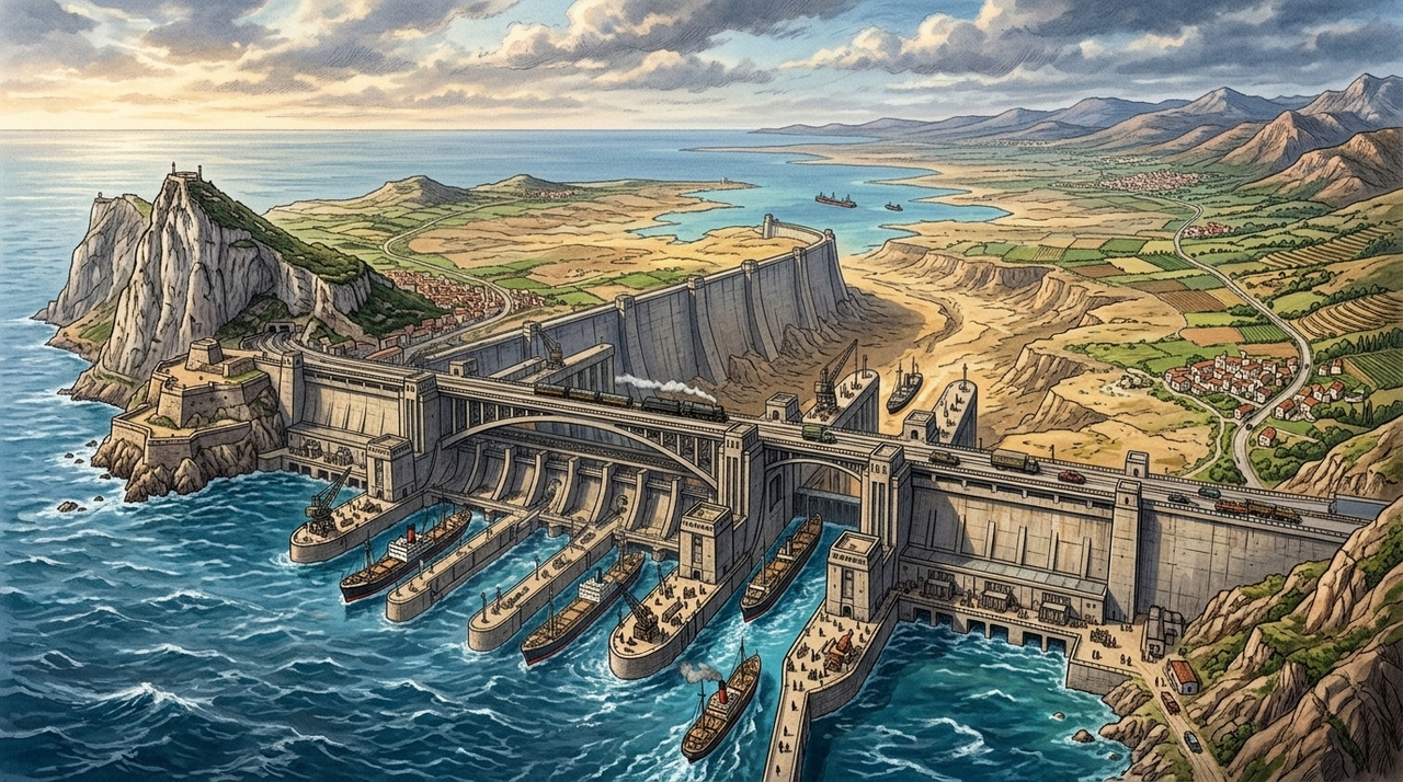 A principal estrutura seria uma gigantesca barragem hidrelétrica no Estreito de Gibraltar.