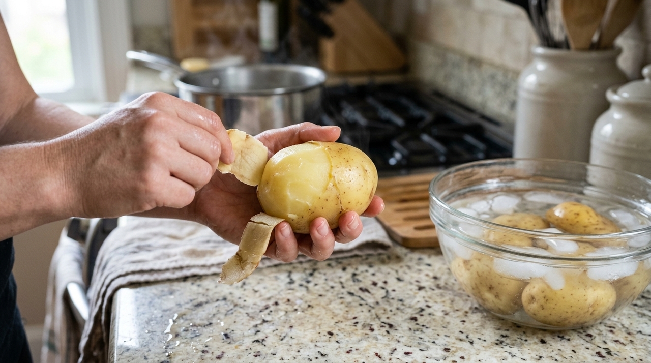 Antes de cozinhar a batata, faça um corte neste ponto, a casca sai inteira com muita facilidade A tática consiste em realizar uma incisão superficial contornando toda a circunferência do ingrediente antes de levá-lo ao fogo
