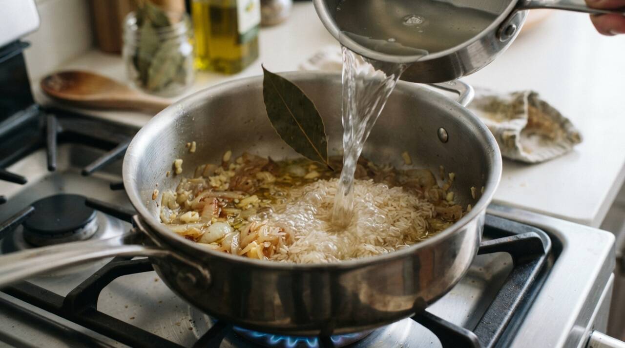 Quando a água secar e o arroz terminar de descansar, retire a folha inteira antes de soltar os grãos.