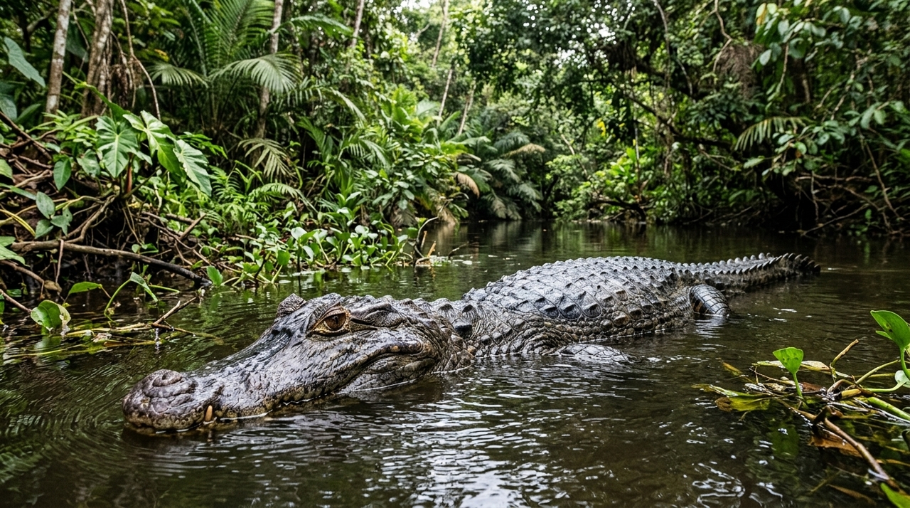 O jacaré-açu (Melanosuchus niger) ocupa o topo da cadeia alimentar nos rios, lagos e áreas alagadas da Amazônia.