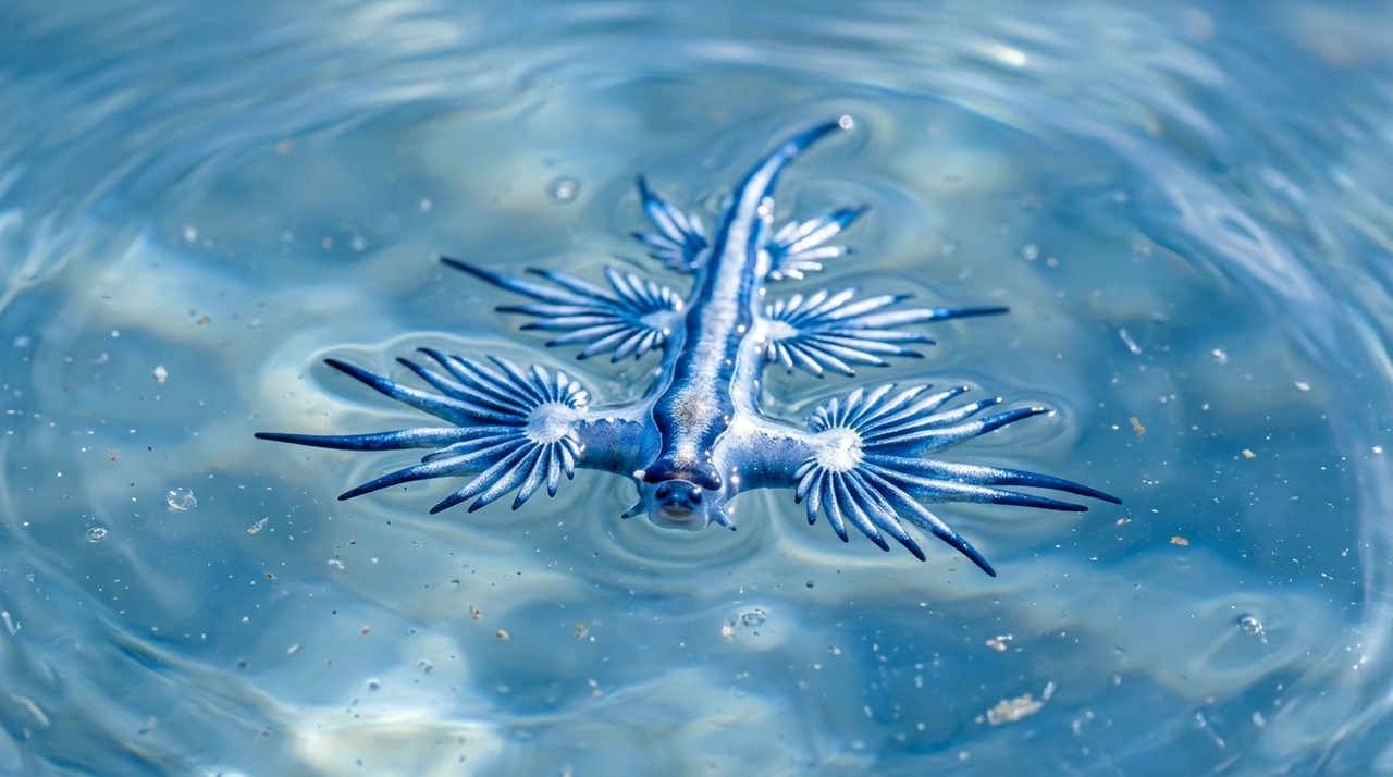 O dragão-azul (Glaucus atlanticus) é uma lesma-do-mar que mede apenas alguns centímetros.