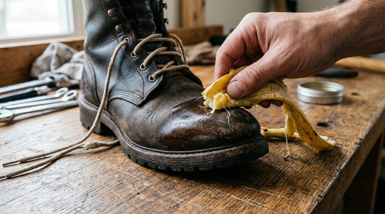 Como usar uma banana para limpar os sapatos A técnica de limpar couro com banana baseia-se nas propriedades naturais da casca, que contém óleos e ceras vegetais capazes de hidratar levemente a superfície.