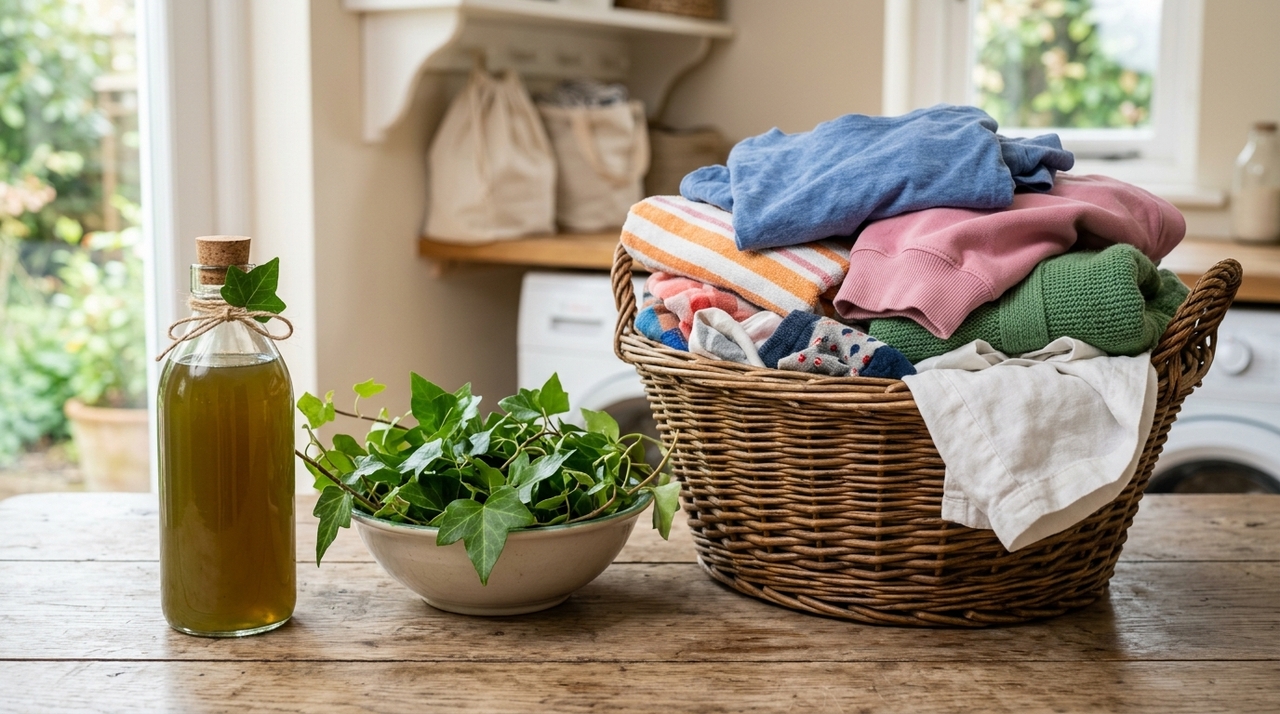 Chega de detergente de supermercado: estas folhas de jardim são suficientes para lavar roupas sem químicos A lessive au lierre é um detergente líquido feito com folhas de hera-trepadeira (Hedera helix), planta comum em muros e troncos na Europa