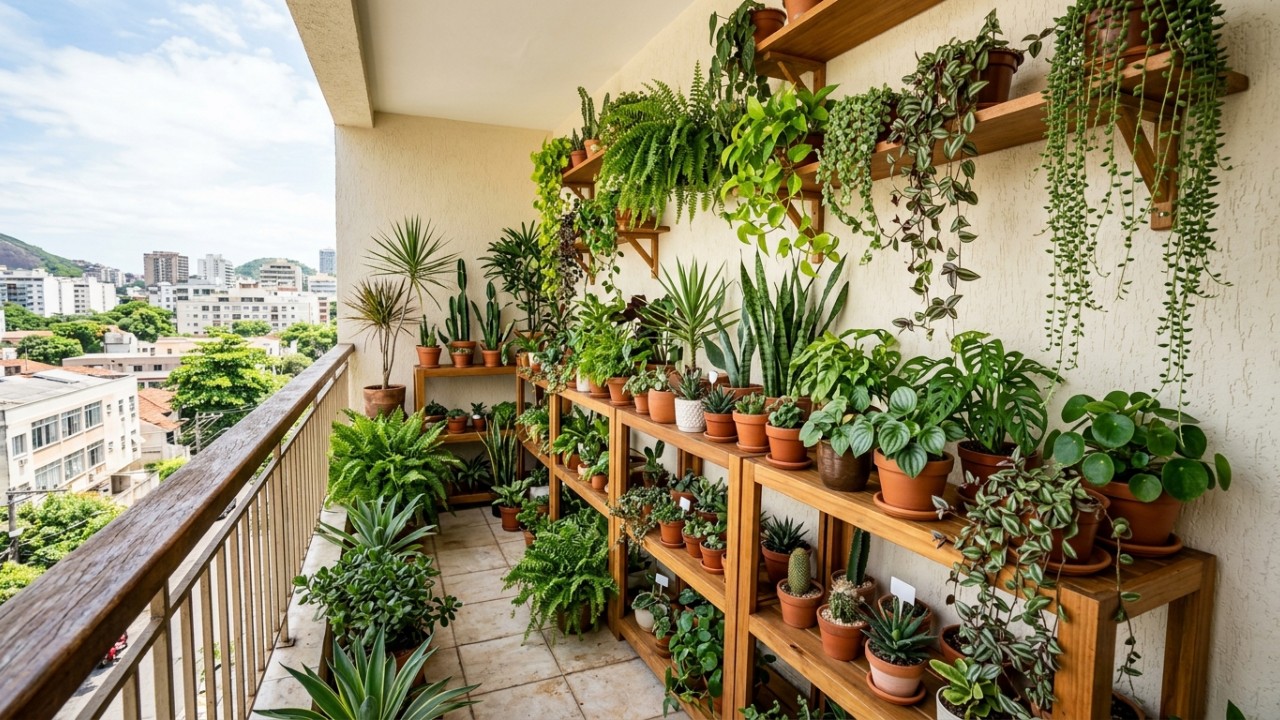 A combinação de diferentes formatos de folhas e o uso de alturas variadas criam um ambiente organizado e elegante. – Imagem gerada por IA