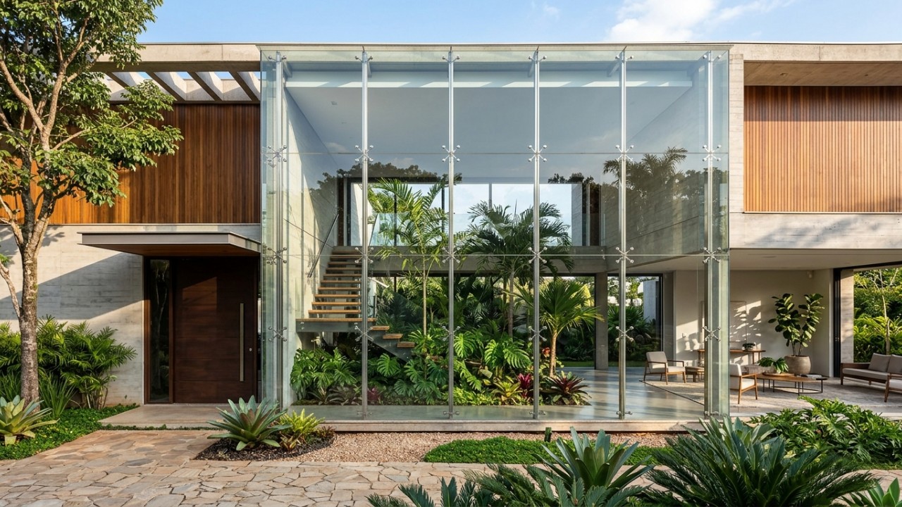 As grades das casas ficaram ultrapassadas: a nova tendência que promete mais segurança e elegância O uso de vidro laminado garante máxima proteção sem comprometer a estética do imóvel. – Imagem gerada por IA