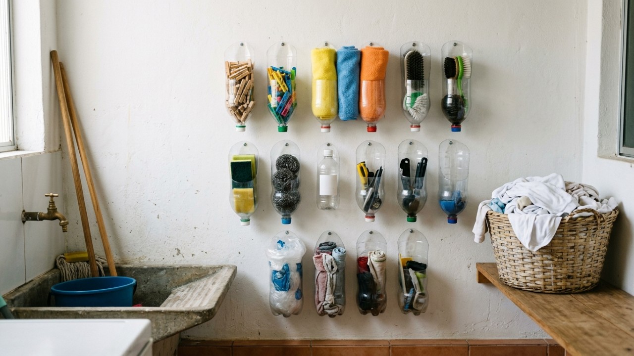 Não jogue fora garrafas plásticas vazias, você tem um tesouro: 3 ideias italianas de faça você mesmo para reutilizá-las e organizar sua lavanderia Reaproveite embalagens plásticas com técnicas de upcycling para manter a casa organizada sem gastos. – Imagem gerada por IA