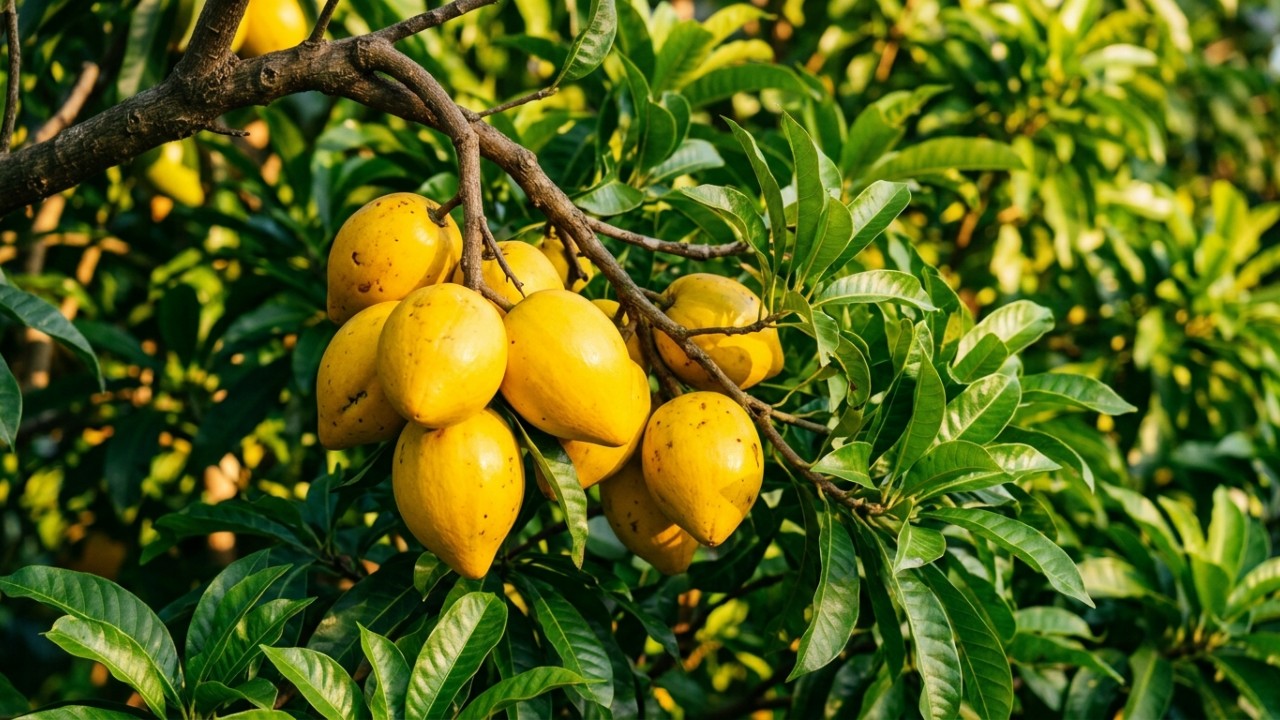 O canistel se destaca nos pomares residenciais por suas características ornamentais e pela singularidade de seus frutos. – Imagem gerada por IA