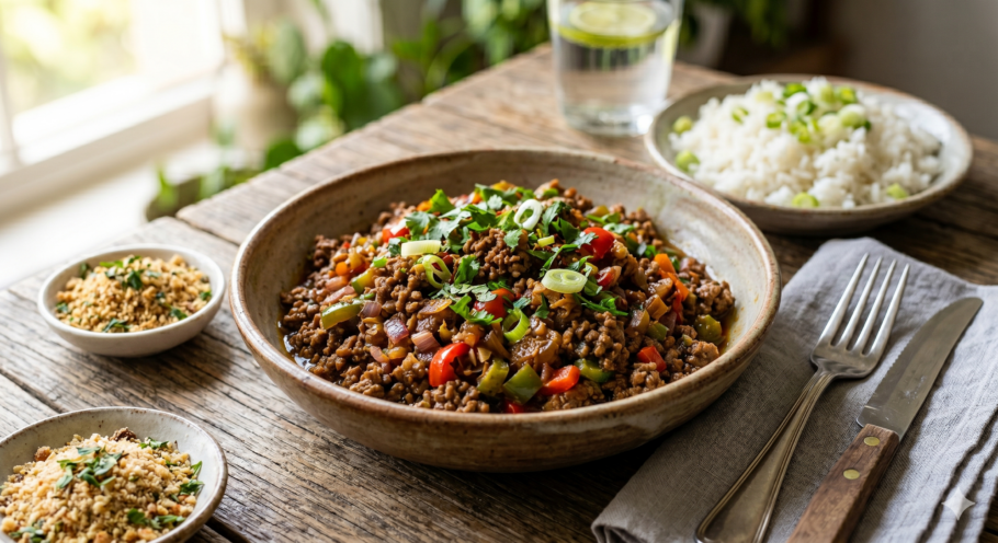 A carne de soja funciona como uma base neutra que absorve muito bem os sabores ao redor