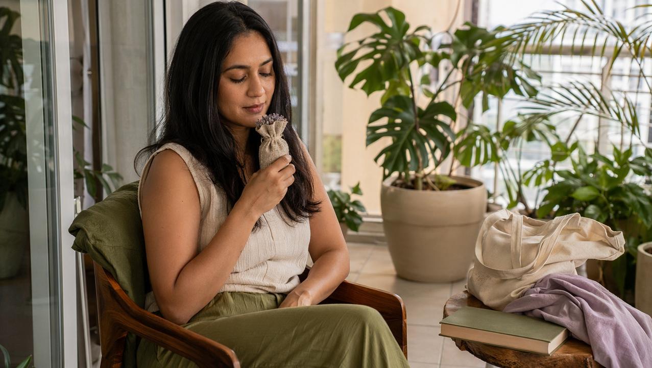 O sachê de lavanda cria uma pausa sensorial em dias ansiosos.