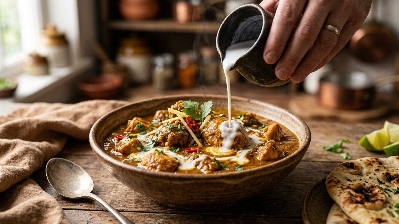 Os indianos concordam: “Para deixar o curry mais cremoso e com sabor equilibrado, o segredo é adicionar um pouco de leite de coco.” O leite de coco equilibra o sabor e traz cremosidade ao seu curry indiano. – Imagem gerada por IA