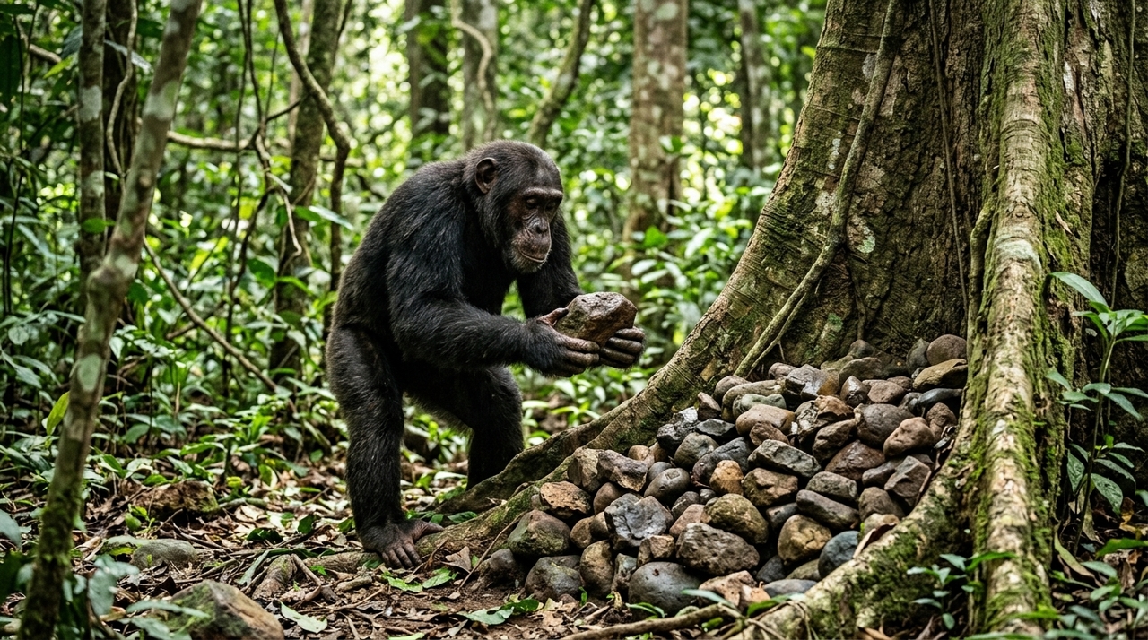 Pesquisadores observaram que alguns chimpanzés recolhem pedras e as lançam sempre contra as mesmas árvores, deixando verdadeiros montes de pedras acumuladas ao longo do tempo.