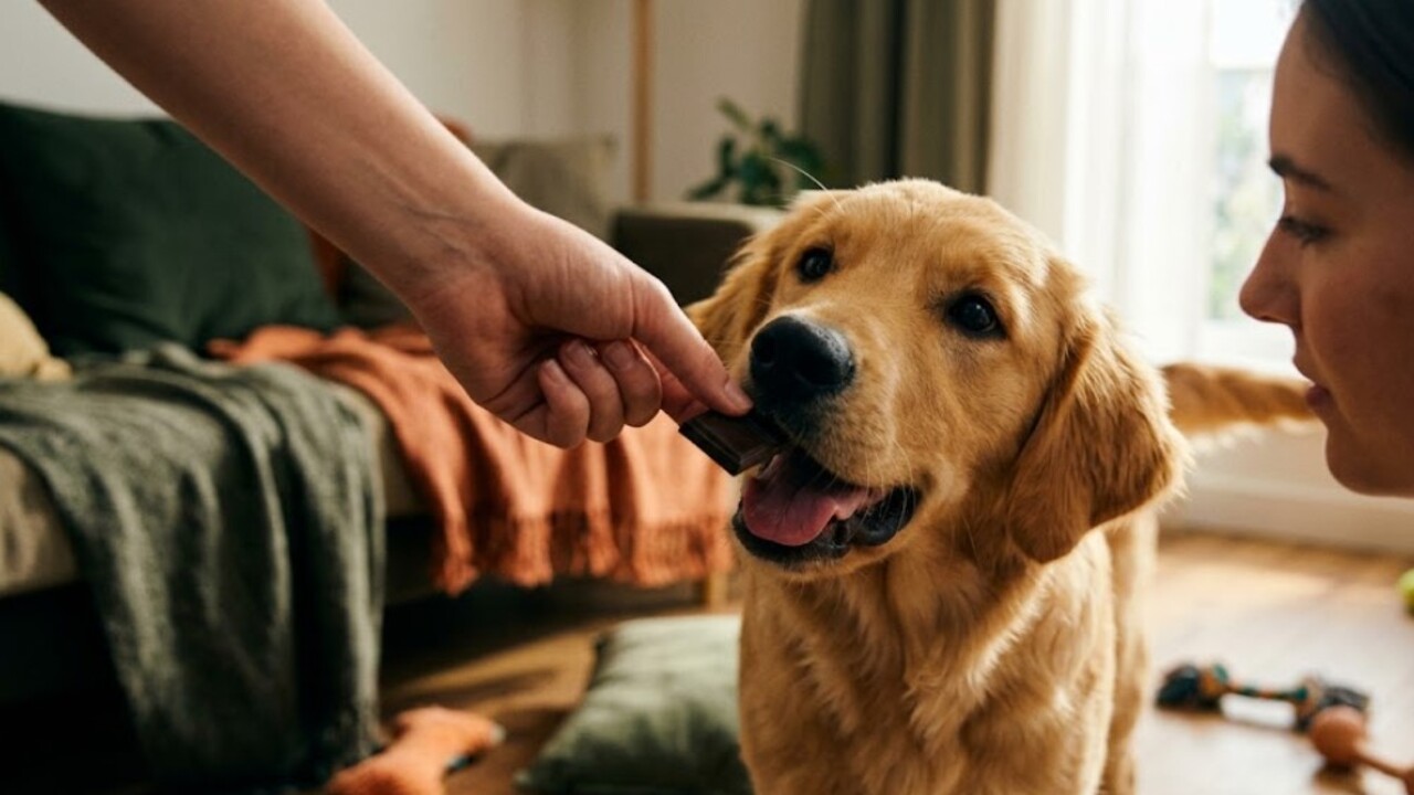 Tutora oferecendo chocolate ao seu cachorro