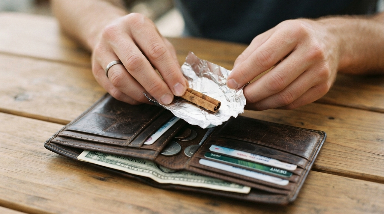 O papel-alumínio protege a canela contra umidade, atrito e contato direto com os objetos guardados na carteira.