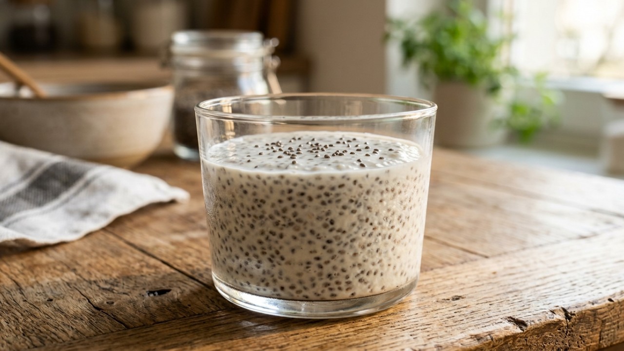 O iogurte com chia é uma opção prática e nutritiva para saciar a fome e regular o intestino logo cedo. – Imagem gerada por IA