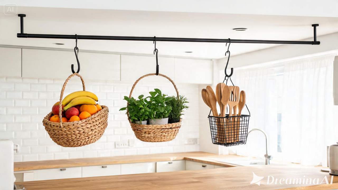 Conheça a tendência de usar um varão de cortina no teto para organizar objetos e liberar espaço em cozinhas e lavanderias.