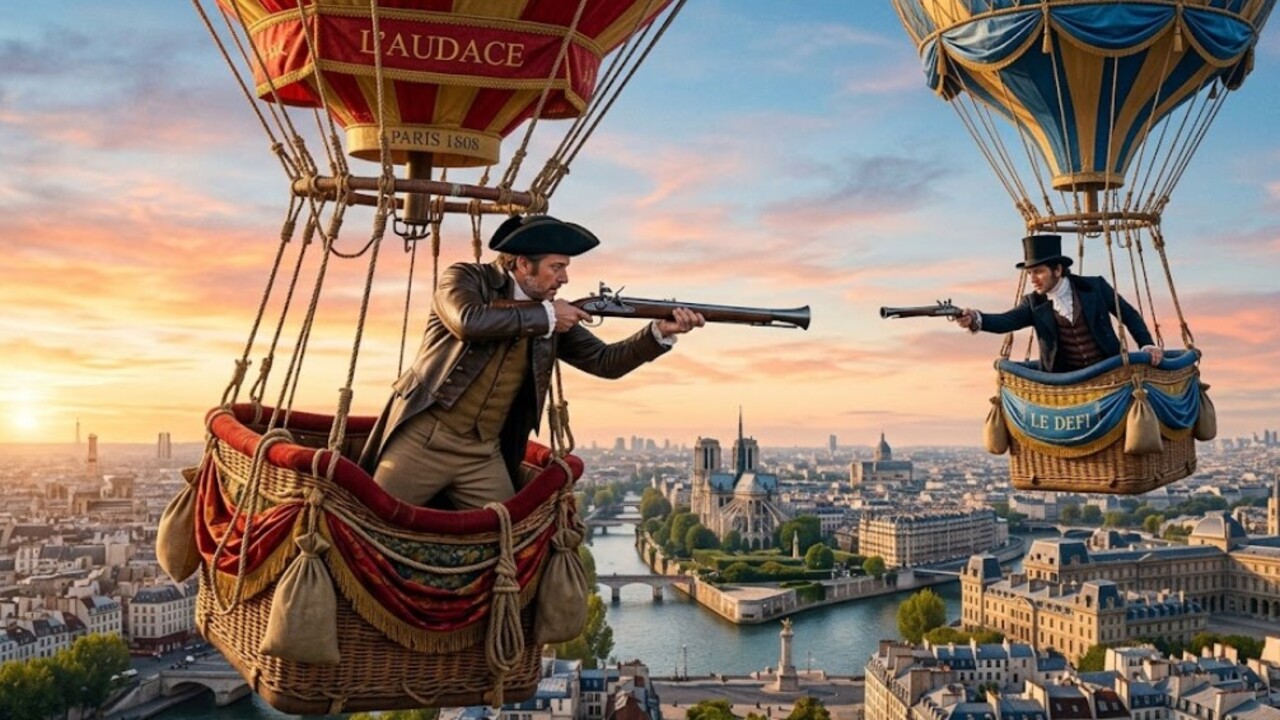 O dia em que dois homens decidiram um duelo em balões de ar quente sobre os céus de Paris armados com bacamartes Dois franceses decidiram resolver uma disputa amorosa em balões de ar quente, transformando o céu de Paris