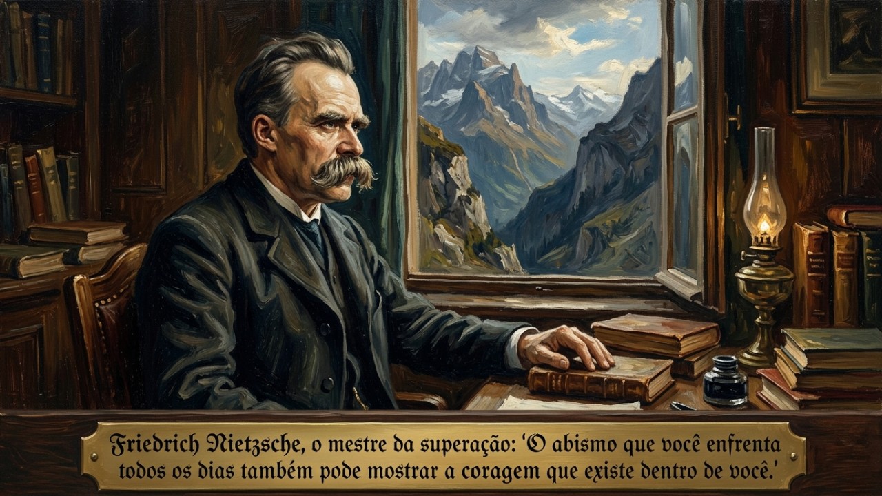 Friedrich Nietzsche, o mestre da superação: “O abismo que você encara todo dia também pode mostrar a coragem que existe em você” A filosofia de Nietzsche ensina a encarar os desafios da vida como oportunidades para o crescimento pessoal. – Imagem gerada por IA
