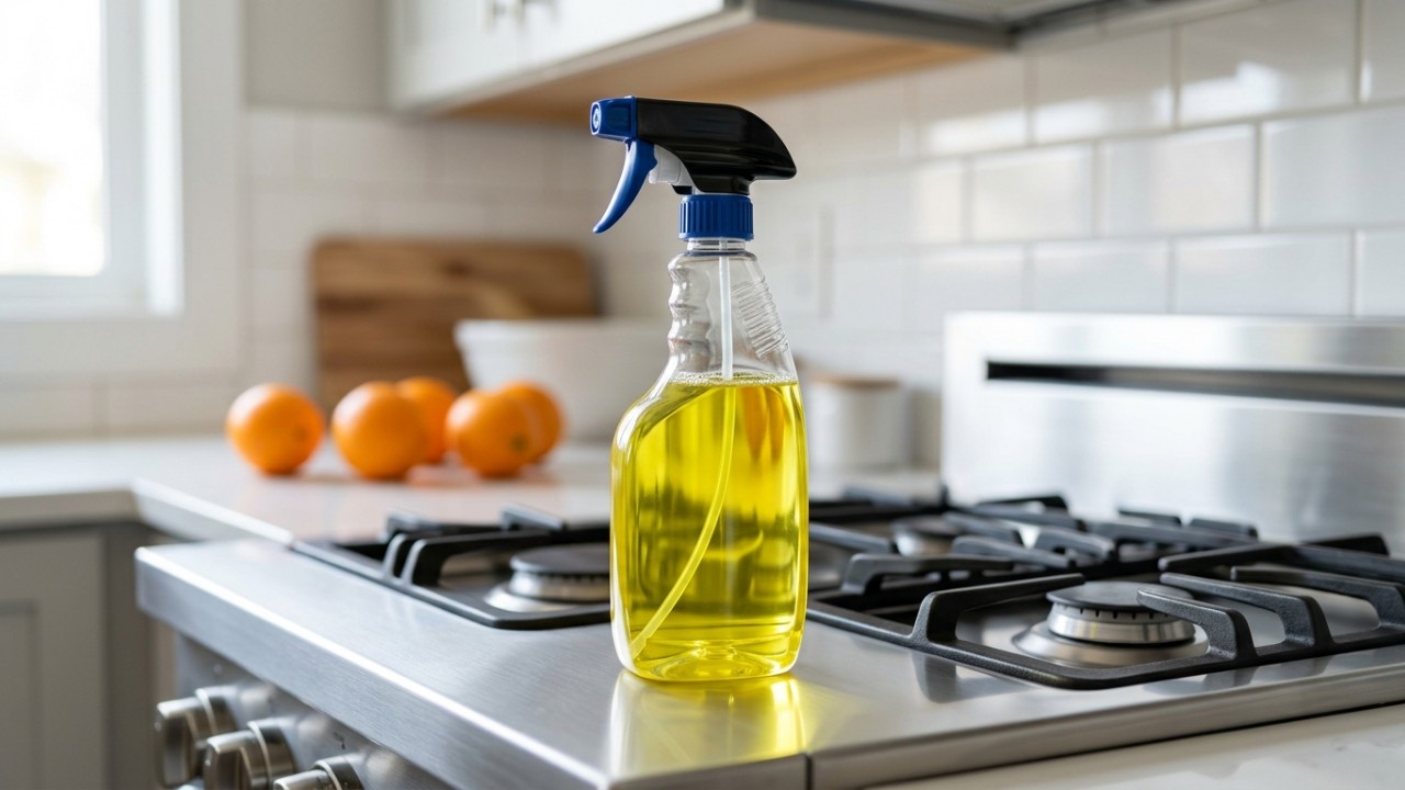 A combinação de vinagre branco e casca de laranja cria um desengordurante caseiro potente e ecológico. – Imagem gerada por IA