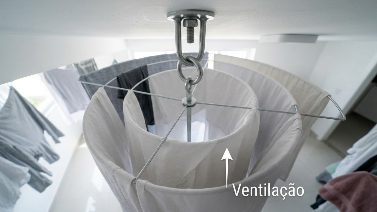 O varal em espiral otimiza o espaço e acelera a secagem de roupas em apartamentos pequenos. – Imagem gerada por IA