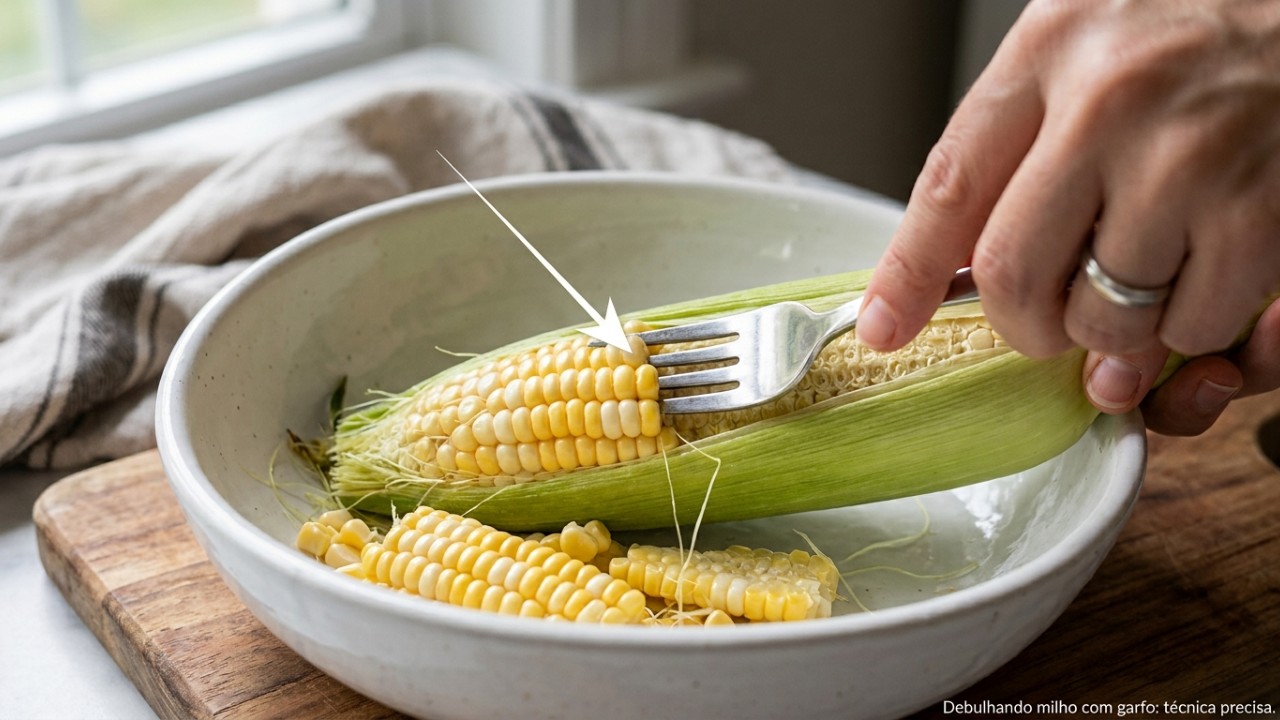Não use vinagre nem água sanitária no mofo da varanda, esta água remove até as frestas em 10 minutos Utilize um garfo de cozinha para retirar os grãos da espiga de forma prática e organizada. – Imagem gerada por IA