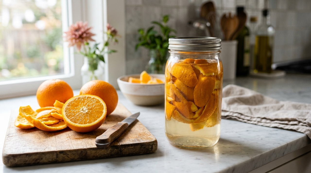 O limpador de casca de laranja com vinagre é um vinagre branco de álcool que passa por infusão com cascas de laranja.