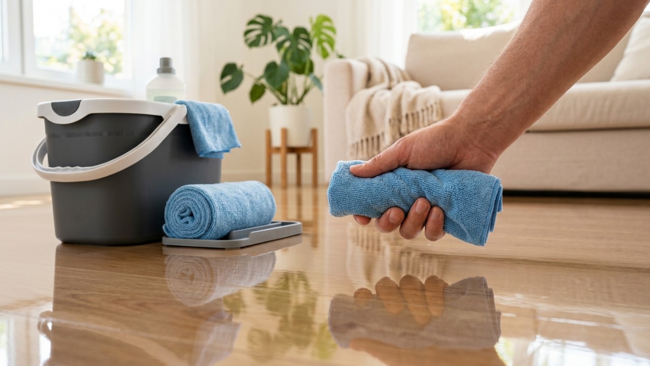 Limpe o piso laminado com a técnica sueca que está conquistando cada vez mais pessoas: um método simples que pode ser feito em casa e promete resultados dignos de apartamento decorado, com brilho mais uniforme, marcas mais discretas e cômodo bem cuidado A técnica sueca remove as impurezas do piso laminado controlando a umidade para evitar danos e garantir um brilho impecável. – Imagem gerada por IA