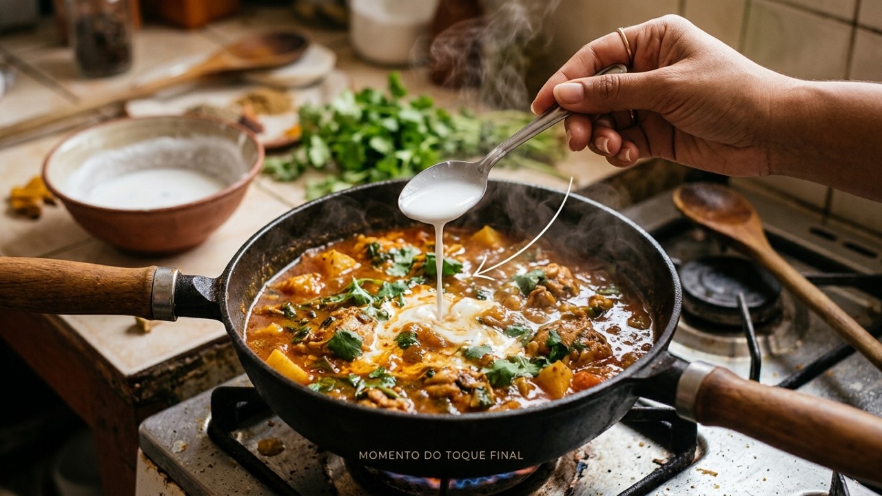 Os indianos concordam: “Para deixar o curry mais cremoso e com sabor equilibrado, o segredo é adicionar um pouco de leite de coco.” A adição de leite de coco garante uma textura aveludada e um sabor harmonioso ao prato. – Imagem gerada por IA