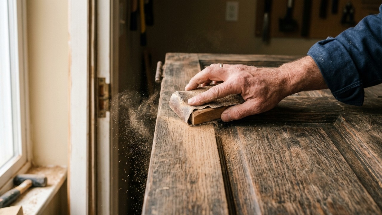 Como revestir portas antigas e renovar uma suíte, sacada ou garagem sem trocar tudo A restauração inteligente de portas antigas preserva o orçamento e moderniza o visual do imóvel. – Imagem gerada por IA